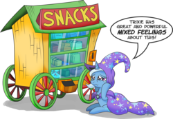 Size: 2000x1387 | Tagged: safe, artist:gray--day, trixie, pony, unicorn, g4, conflicted, crackers, crossing the memes, crying, female, food, mare, peanut butter, peanut butter crackers, simple background, snacks, solo, speech bubble, that pony sure does love peanut butter crackers, transparent background, vending machine, wagon, wheel, wheels trixie