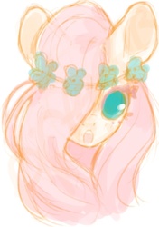 Size: 445x632 | Tagged: dead source, safe, artist:piptart, fluttershy, pony, g4, bust, female, floral head wreath, flower, hair over one eye, open mouth, portrait, simple background, solo, white background