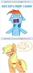 Size: 257x558 | Tagged: safe, applejack, rainbow dash, g4, exploitable meme, juxtaposition, juxtaposition win, meme