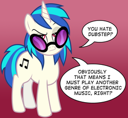 Size: 1950x1800 | Tagged: safe, dj pon-3, vinyl scratch, g4, drama, dubstep, fanon, female, meta, music, music snob vinyl, reaction image, solo, speech bubble, stereotype