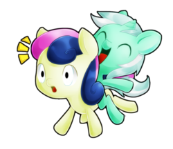 Size: 400x345 | Tagged: safe, artist:pegasisters82, bon bon, lyra heartstrings, sweetie drops, earth pony, pony, unicorn, g4, lyra riding bon bon, ponies riding ponies, riding, simple background, transparent background