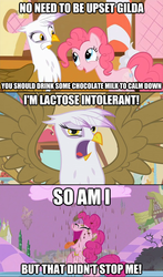 Size: 625x1060 | Tagged: safe, gilda, pinkie pie, griffon, g4, chocolate milk, comic, image macro, lactose intolerant