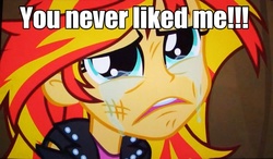 Size: 1047x610 | Tagged: safe, edit, edited screencap, screencap, sunset shimmer, equestria girls, g4, my little pony equestria girls, bronybait, caption, crying, female, solo, sunsad shimmer, teary eyes