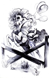 Size: 1200x1876 | Tagged: safe, artist:aspendragon, pinkie pie, g4, balloon, ballpoint pen, basket, clothes, costume, easter, jumping, monochrome, traditional art