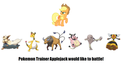 Size: 1350x696 | Tagged: safe, applejack, ampharos, hitmonlee, miltank, stoutland, tauros, vespiquen, g4, crossover, pokémon, pokémon team, text, udder