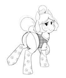 Size: 866x1024 | Tagged: safe, artist:jailbait, pony, animal crossing, clothes, crossover, featureless crotch, isabelle, monochrome, ponified, socks, solo