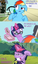 Size: 640x1080 | Tagged: safe, edit, edited screencap, screencap, rainbow dash, twilight sparkle, horse, g4, lesson zero, season 2, clipboard, comic, glasses, hair bun, psychiatrist, ren and stimpy, screencap comic, twilight snapple, twilight's professional glasses