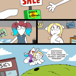 Size: 700x700 | Tagged: safe, artist:technicolor pie, oc, oc only, oc:chimangetsu, oc:electra (furry), unicorn, anthro, anthros riding ponies, comic, dialogue, female, furry, mare, non-mlp oc, record store, riding, store