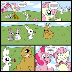 Size: 700x700 | Tagged: safe, artist:technicolor pie, angel bunny, fluttershy, pinkie pie, g4, animal, chubby, comic, dialogue, fat, flower, shocked