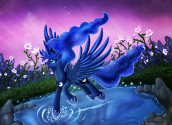 Size: 4359x3167 | Tagged: safe, artist:pridark, princess luna, alicorn, pony, g4, aurora borealis, beautiful, blue eyes, crown, ethereal mane, female, flower, happy, high res, hoof shoes, horn, jewelry, open mouth, regalia, rock, scenery, smiling, solo, spread wings, stars, water, wings