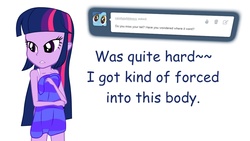 Size: 1280x720 | Tagged: safe, twilight sparkle, human, equestria girls, g4, bra strap, covering, female, human-twilightsparkle, naked towel, pony coloring, solo, towel, tumblr