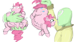 Size: 2480x1375 | Tagged: safe, artist:sirmasterdufel, edit, pinkie pie, oc, oc:anon, fluffy pony, human, pony, g4, burp, fat, female, in goliath's palm, male, mare, micro, obese, piggy pie, pinkiefluff, pudgy pie, tiny ponies