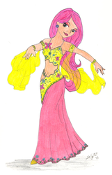 Size: 717x1115 | Tagged: safe, artist:zellykat, fluttershy, human, g4, bedroom eyes, belly button, belly dancer, belly dancer outfit, clothes, ear piercing, eyeshadow, female, humanized, long skirt, makeup, midriff, piercing, skirt, solo, traditional art