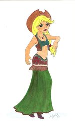 Size: 690x1159 | Tagged: safe, artist:zellykat, applejack, human, g4, belly button, belly dancer, belly dancer outfit, cleavage, clothes, female, hat, humanized, jewelry, long skirt, midriff, necklace, simple background, skirt, solo