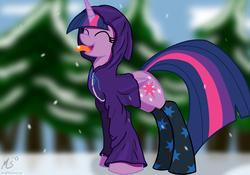 Size: 1000x701 | Tagged: safe, artist:ciscoql, twilight sparkle, alicorn, pony, g4, clothes, cute, female, hoodie, mare, snow, snowfall, socks, solo, tongue out, twiabetes, twilight sparkle (alicorn)