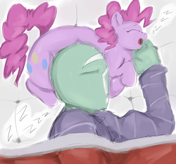 Size: 1200x1125 | Tagged: safe, artist:sirmasterdufel, pinkie pie, oc, oc:anon, earth pony, human, pony, g4, cute, fat, female, male, mare, micro, obese, piggy pie, pillow, pudgy pie, sleeping, tiny ponies