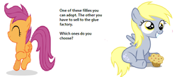 Size: 576x250 | Tagged: safe, derpy hooves, scootaloo, g4, adventure in the comments, bronybait, cute, cutealoo, derpabetes, derpybuse, derpygate, dilemma, glue factory, implied death, muffin, sadistic choice, scootabuse, text
