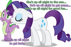 Size: 900x591 | Tagged: safe, rarity, spike, g4, daft punk, female, get lucky, hilarious in hindsight, image macro, kissing, male, ship:sparity, shipping, song reference, straight