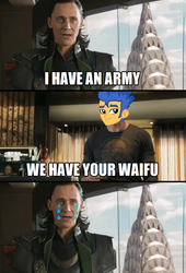 Size: 489x720 | Tagged: safe, flash sentry, equestria girls, g4, avengers, exploitable meme, flash sentry savior of the universe, loki, meme, waifu, waifu thief