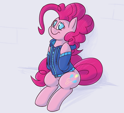 Size: 1074x981 | Tagged: dead source, safe, artist:hamflo, pinkie pie, earth pony, pony, g4, clothes, colored pupils, cute, diapinkes, female, hoodie, looking at you, sitting, solo
