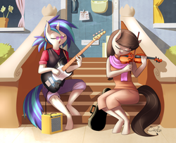 Size: 940x763 | Tagged: safe, artist:siden, dj pon-3, octavia melody, vinyl scratch, earth pony, unicorn, anthro, unguligrade anthro, g4, amplifier, bass guitar, clothes, eyes closed, female, hooves, musical instrument, open mouth, violin