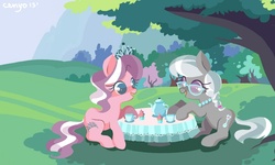 Size: 1236x740 | Tagged: safe, artist:cenyo, diamond tiara, silver spoon, earth pony, pony, g4, cute, diamondbetes, duo, female, glasses, silverbetes, table, tea party, tree