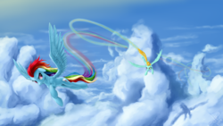 Size: 1600x900 | Tagged: safe, artist:1jaz, lightning dust, rainbow dash, pegasus, pony, g4, action pose, cloud, cloudy, duo, female, flying, mare, racing, rainbow trail, sky, speed trail, trail