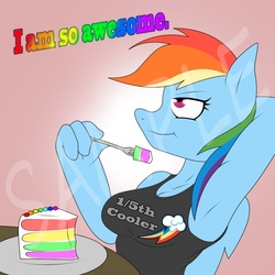 Size: 1000x1000 | Tagged: safe, artist:lil miss jay, rainbow dash, anthro, g4, armpits, breasts, busty rainbow dash, cake, clothes, eating, female, fork, solo, tank top