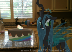 Size: 1872x1362 | Tagged: dead source, safe, artist:krazoa157, queen chrysalis, changeling, changeling queen, g4, angry, cake, female, kitchen, ponies in real life, solo, vector, zap apple
