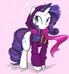 Size: 1280x1375 | Tagged: safe, artist:acharmingpony, rarity, pony, unicorn, g4, clothes, cute, female, hoodie, mare, pink background, raribetes, scarf, simple background, solo