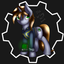 Size: 1600x1590 | Tagged: safe, artist:capseys, oc, oc only, oc:littlepip, pony, unicorn, fallout equestria, clothes, cutie mark, fanfic, fanfic art, female, gears, hooves, horn, jumpsuit, mare, pipbuck, smiling, solo, stable door background, vault suit