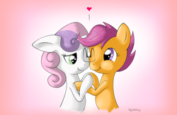 Size: 1500x975 | Tagged: safe, artist:shoroch, scootaloo, sweetie belle, g4, cuddling, female, heart, lesbian, ship:scootabelle, shipping, snuggling