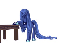 Size: 1600x1131 | Tagged: artist needed, source needed, safe, princess luna, g4, crown, crying, female, sad, simple background, solo, table