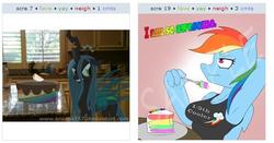 Size: 539x283 | Tagged: safe, artist:lil miss jay, queen chrysalis, rainbow dash, anthro, derpibooru, g4, cake, exploitable meme, juxtaposition, juxtaposition win, meme