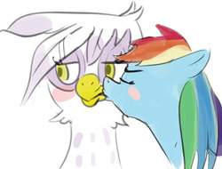 Size: 790x601 | Tagged: safe, artist:polyle, gilda, rainbow dash, griffon, g4, blushing, cheek kiss, female, kissing, lesbian, ship:gildash