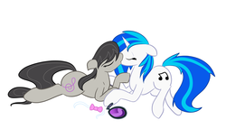 Size: 1142x700 | Tagged: safe, artist:fribox, dj pon-3, octavia melody, vinyl scratch, earth pony, pony, unicorn, g4, duo, female, kissing, lesbian, mare, ship:scratchtavia, shipping, simple background, white background