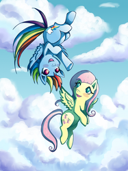 Size: 800x1069 | Tagged: safe, artist:butterscotch25, fluttershy, rainbow dash, g4, blushing, cloud, cloudy, female, flying, lesbian, ship:flutterdash, shipping