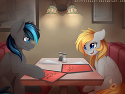 Size: 1600x1200 | Tagged: safe, artist:spittfireart, oc, oc only, pegasus, pony, booth, commission, diner, female, looking at each other, male, mare, restaurant, smiling, stallion, table