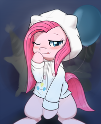 Size: 810x1000 | Tagged: safe, artist:aymint, pinkie pie, earth pony, pony, g4, balloon, clothes, cute, cuteamena, female, hoodie, pinkamena diane pie, pixiv, solo, tongue out