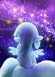 Size: 1447x2046 | Tagged: safe, artist:gashiboka, oc, oc only, oc:snowdrop, pegasus, pony, cloud, music notes, night, solo