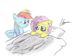 Size: 3510x2550 | Tagged: safe, artist:missmayaleanne, fluttershy, rainbow dash, pegasus, pony, g4, bed, duo, sick, traditional art