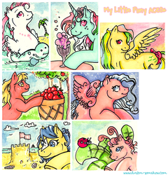 Size: 600x625 | Tagged: safe, artist:reaperfox, applejack (g1), bubbles (g1), dipper, firefly, fizzy, skydancer, breezie, sea pony, g1, traditional art