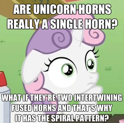 Size: 500x498 | Tagged: safe, edit, edited screencap, screencap, sweetie belle, pony, unicorn, g4, ponyville confidential, female, filly, floppy ears, headcanon, image macro, meme, overthinking it, solo, sudden clarity sweetie belle, text, theory