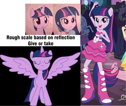 Size: 1486x1256 | Tagged: safe, fluttershy, scott green, sweetie belle, twilight sparkle, alicorn, pony, equestria girls, g4, my little pony equestria girls, background human, size comparison, twilight sparkle (alicorn)