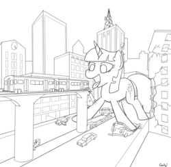 Size: 2014x1963 | Tagged: safe, artist:rapidstrike, twilight sparkle, pony, g4, bus, car, city, crushing, female, fetish, giant pony, giant unicorn, giantess, imminent vore, lineart, macro, mega twilight sparkle, monochrome, omnivore twilight, ponies eating humans, solo, subway trains, this will end in vore, train, twipred, twizilla