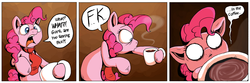 Size: 3096x1031 | Tagged: safe, artist:raunchyopposition, pinkie pie, g4, coffee, comic, deadly premonition, morning ponies, reference