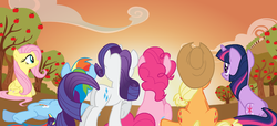 Size: 1253x570 | Tagged: dead source, safe, artist:pinkied, applejack, fluttershy, pinkie pie, rainbow dash, rarity, twilight sparkle, earth pony, pegasus, pony, unicorn, g4, apple, butt, female, food, mane six, mare, plot, sitting, tree