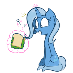 Size: 1280x1280 | Tagged: dead source, safe, artist:turtlefarminguy, trixie, pony, unicorn, g4, female, happy, mare, sandwich, solo