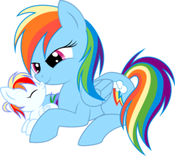 Size: 1011x903 | Tagged: safe, artist:ryouxiii, rainbow dash, oc, oc:roy, pony, g4, baby, baby pony, colt, cute, foal, male, momma dash, mother and son, ocbetes, offspring, parent:rainbow dash, parent:unnamed oc, parents:canon x oc