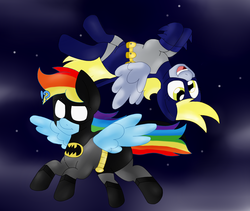 Size: 2250x1900 | Tagged: safe, artist:blackbewhite2k7, derpy hooves, rainbow dash, pegasus, pony, g4, batman, batzarro, crossover, female, mare, parody, textless